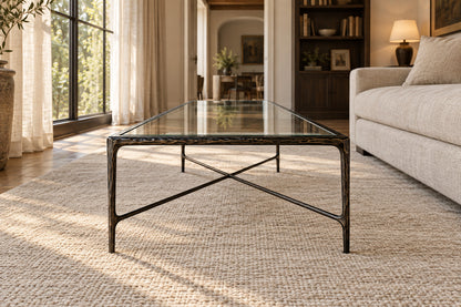 Thaddeus Glass Coffee Table, low near-side-profile lifestyle view