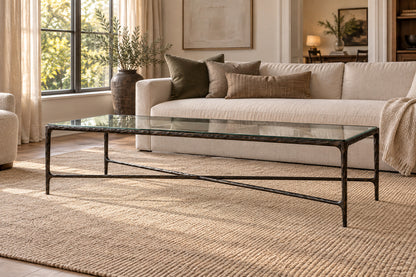 Thaddeus Glass Coffee Table, front-right three-quarter lifestyle view