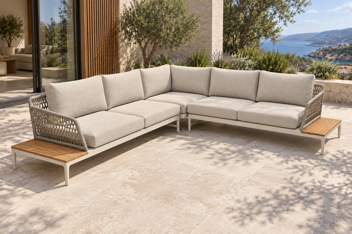 Vela Modular L-Sectional in Aluminium, elevated front-left diagonal lifestyle view