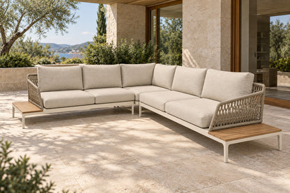 Vela Modular L-Sectional in Aluminium, front-right three-quarter lifestyle view