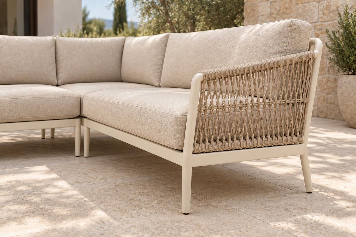 Vela Outdoor Sofa Set in Aluminium, low near-side-profile lifestyle view