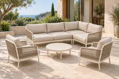 Vela Outdoor Sofa Set in Aluminium, front-right three-quarter lifestyle view