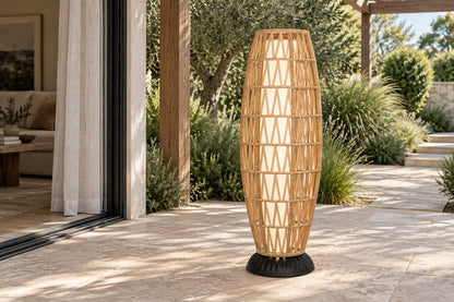 Verano Floor Lantern, Barrel, front-right three-quarter lifestyle view