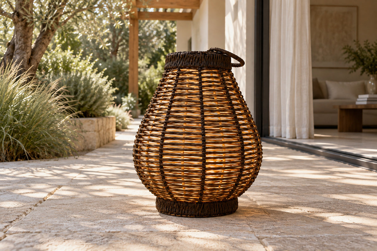 Verano Floor Lantern, Compact, low near-side-profile lifestyle view