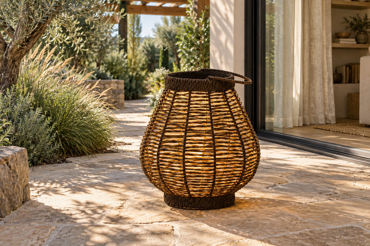 Verano Floor Lantern, Compact, front-right three-quarter lifestyle view