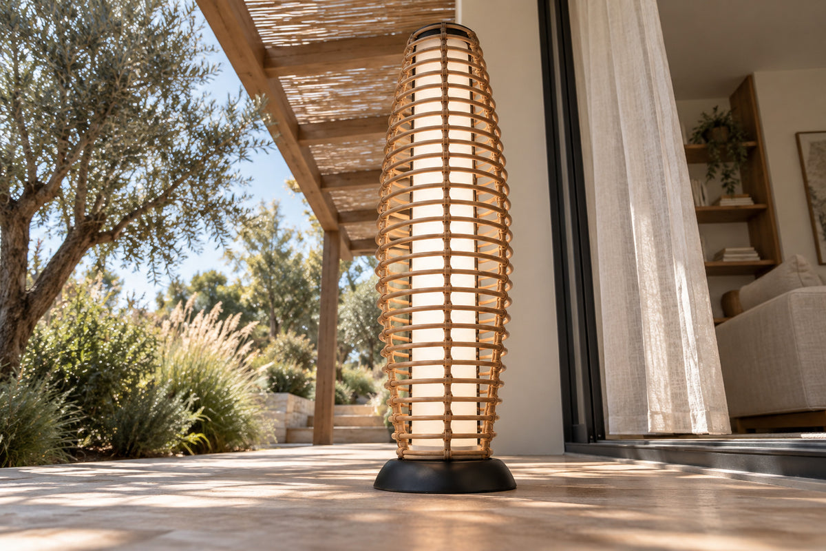 Verano Floor Lantern, Slim, low near-side-profile lifestyle view