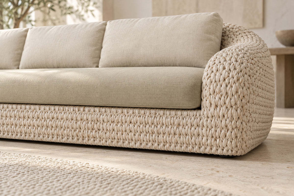 Marisol Sofa 220 cm, woven base and upholstery detail