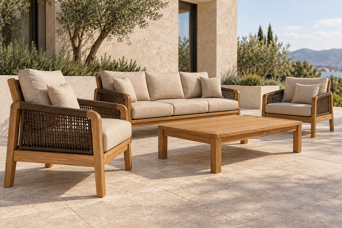Ravello Outdoor Sofa Set, low side lifestyle view of complete four-piece set