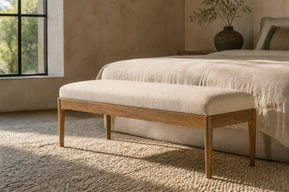 French Contemporary Fabric End-of-Bed Bench — photographed in a bedroom setting, second view