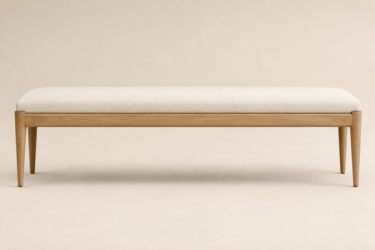 French Contemporary Fabric End-of-Bed Bench — front elevation, studio