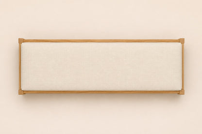 French Contemporary Fabric End-of-Bed Bench — overhead view, studio