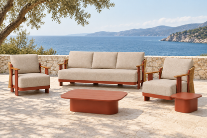Lifestyle view: Aria Outdoor Sofa Set in Aluminium on a coastal stone terrace
