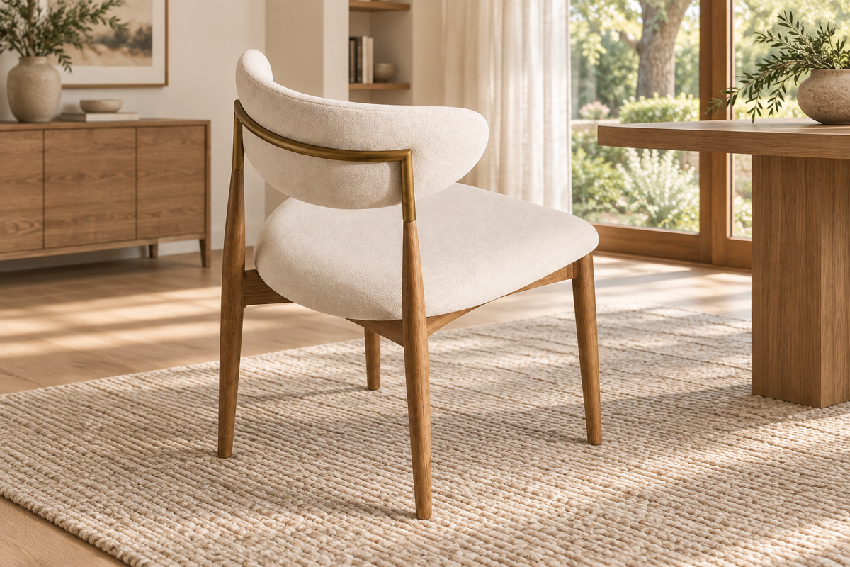 Lifestyle view: Arno Fabric Dining Side Chair in a sunlit furnished dining room