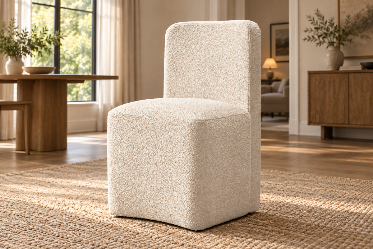 Lifestyle view: Aurelie Fabric Dining Side Chair in a warmly lit dining room