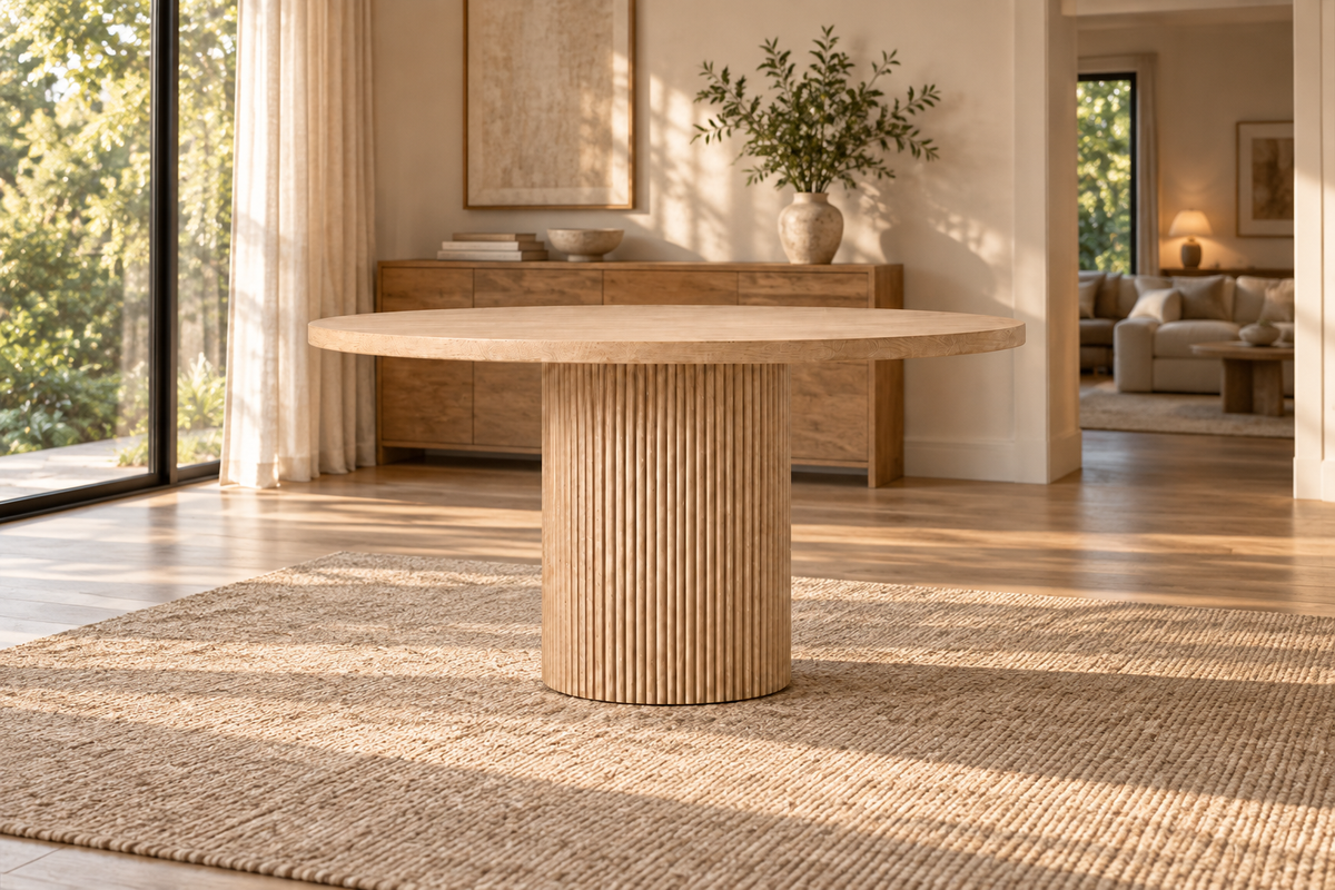 Lifestyle view: Byron Round Dining Table in a warmly lit furnished dining room