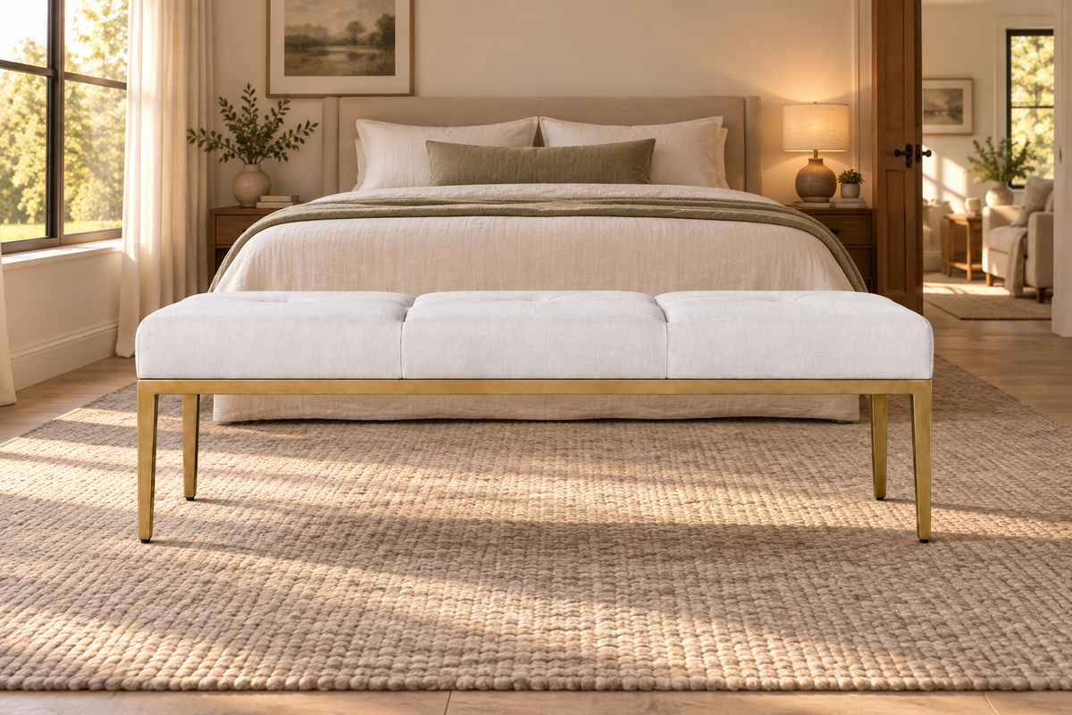 Lifestyle view: Emi Tufted Bench in aged brass in a warmly lit bedroom