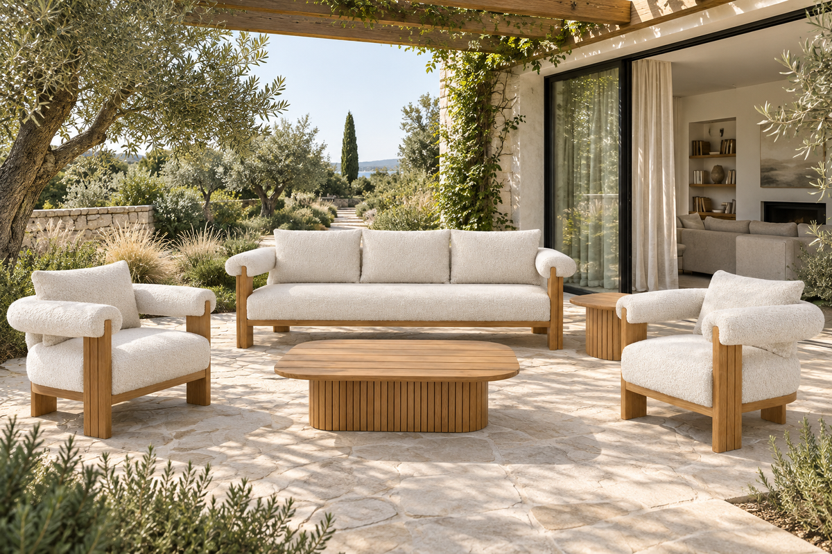 Lifestyle view: five-piece Ethereal teak sofa set on a landscaped garden terrace