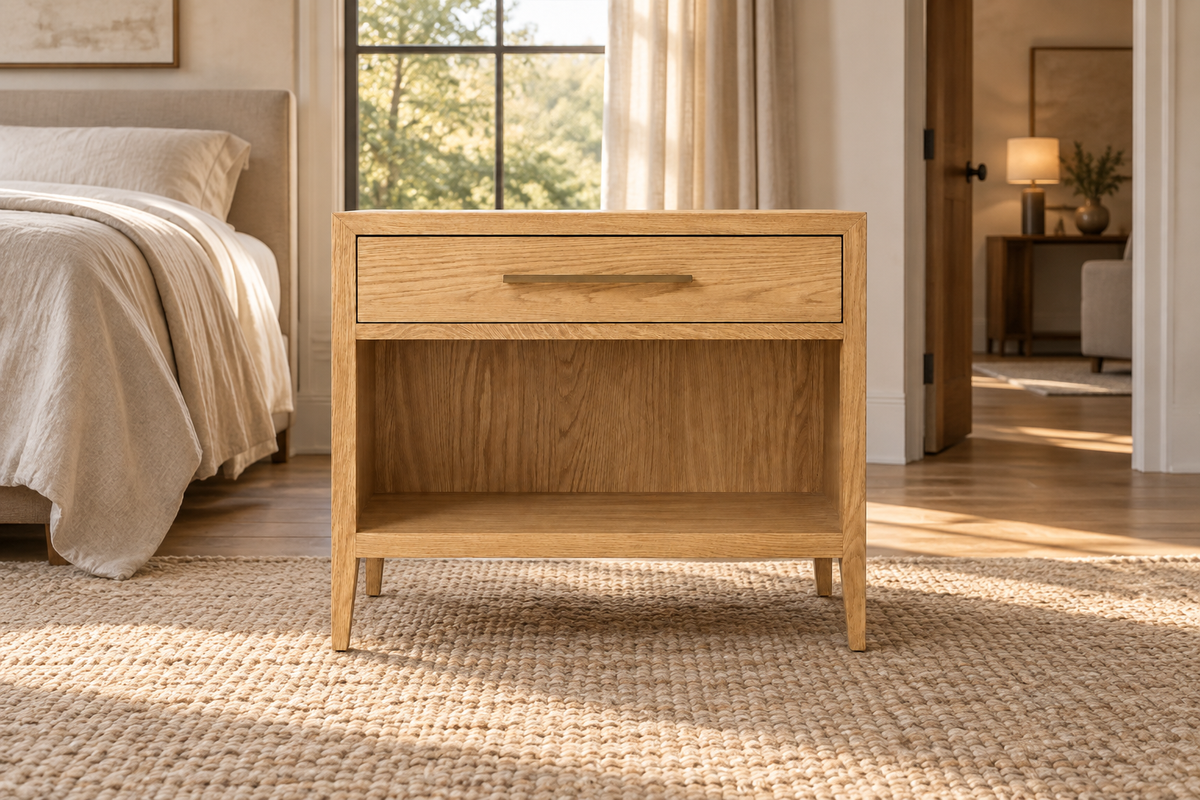 Lifestyle view: French Contemporary open nightstand in a warm furnished bedroom