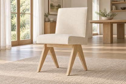 Lifestyle view: Jakob Fabric Dining Side Chair in a sunlit furnished dining room