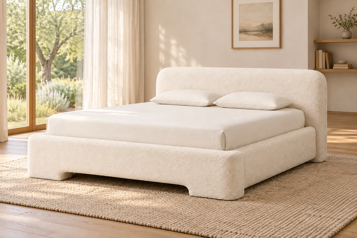 Lifestyle view: Lila fabric panel bed in a sunlit furnished bedroom
