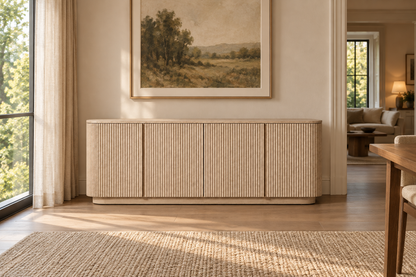 Lifestyle view: Mulholland Emperador 4-Door Sideboard in a warmly lit furnished interior