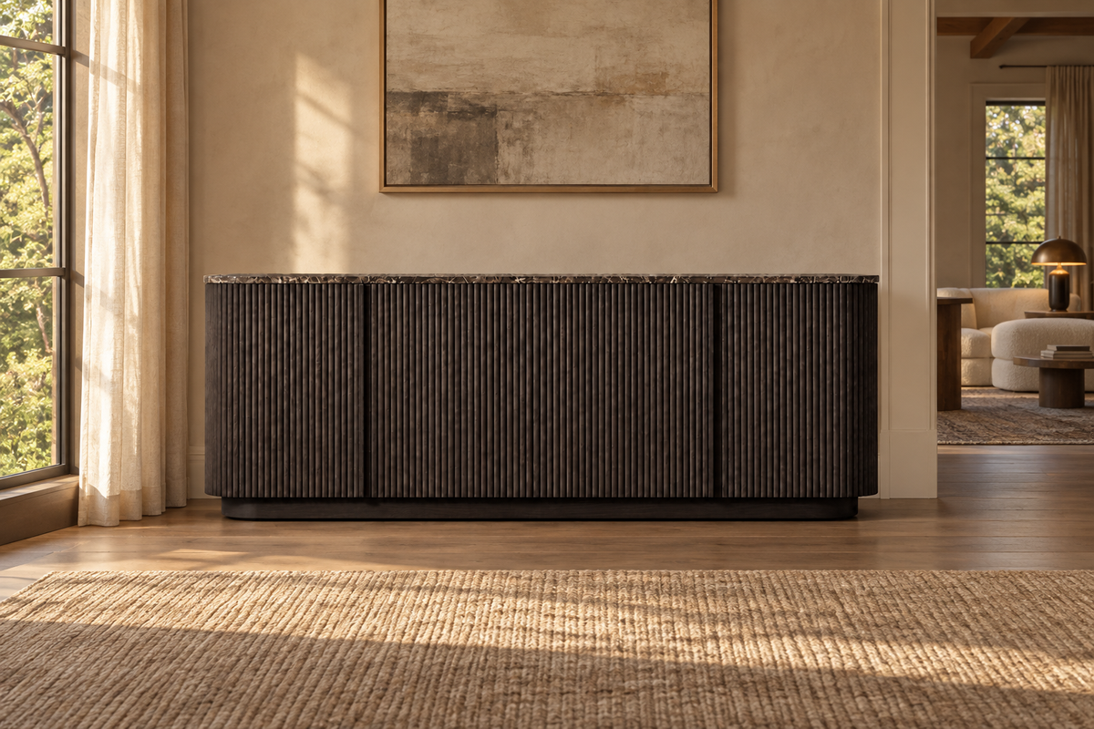 Lifestyle view: Mulholland Emperador dark oak sideboard in a warmly lit furnished interior