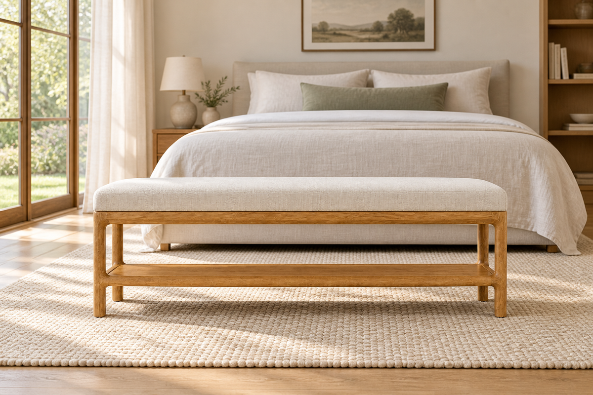 Lifestyle view: Padua Fabric End-of-Bed Bench in a sunlit bedroom