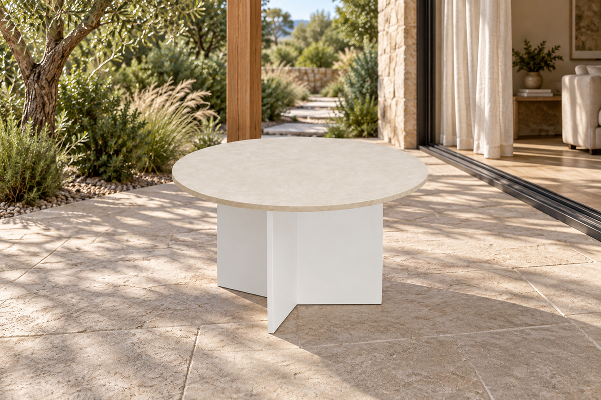 Lifestyle view: Vela aluminium coffee table on a garden terrace beside a furnished home.