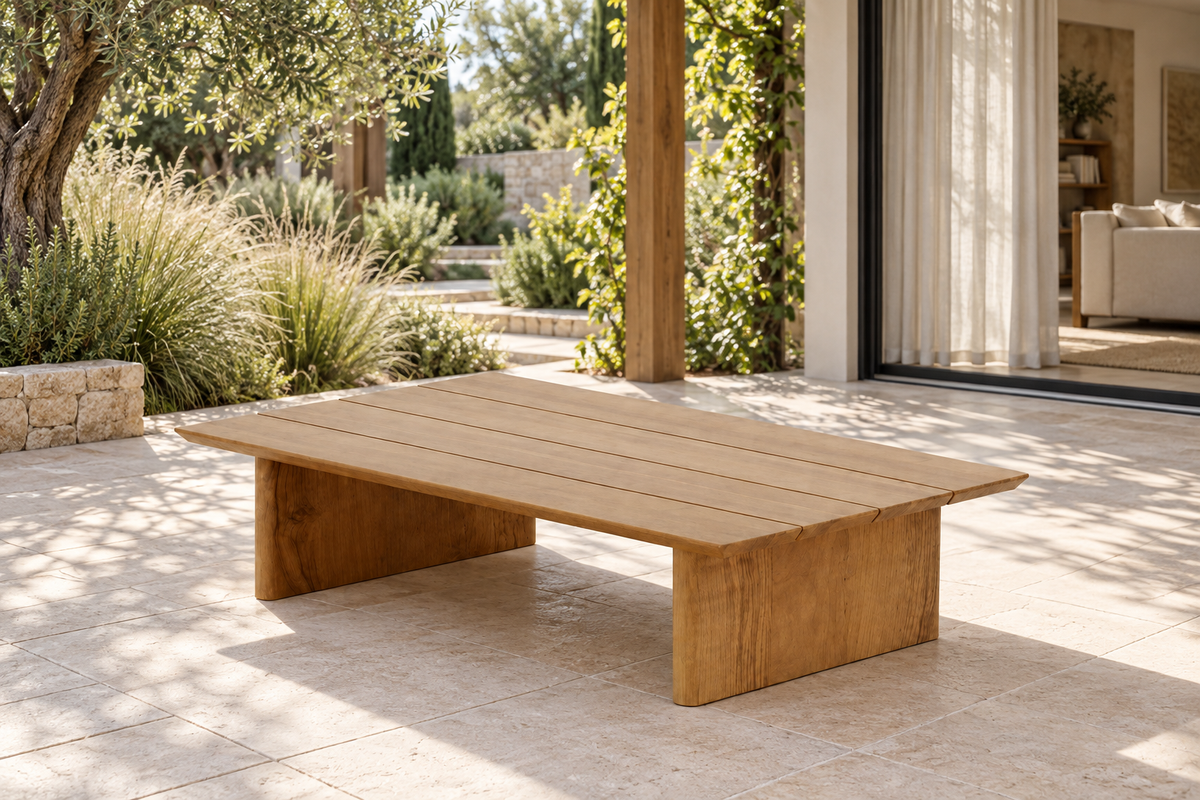 Lifestyle view: Vela teak coffee table on a garden terrace beside a furnished home.