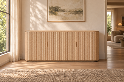 Lifestyle view: Yron 4-Door Sideboard in a warmly lit furnished home