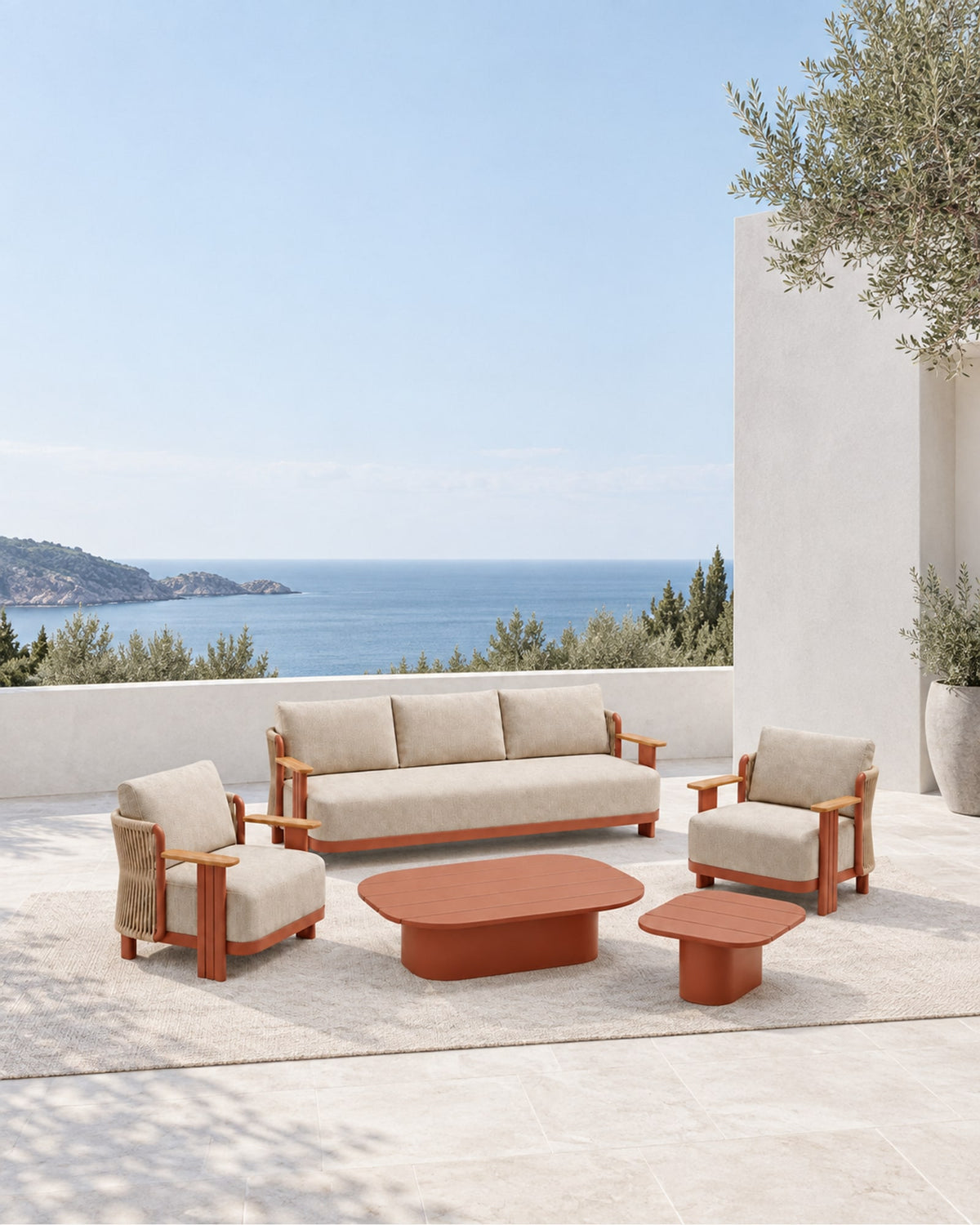 Aria Outdoor Sofa Set in Aluminium in a styled setting