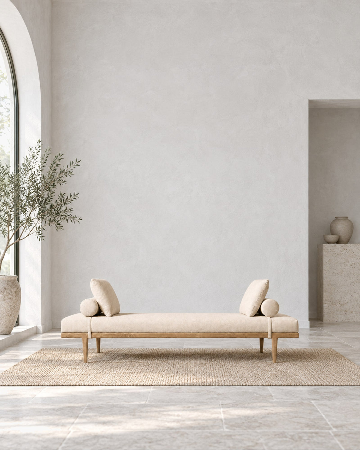 Gael Oak Fabric Panel Daybed in a styled setting