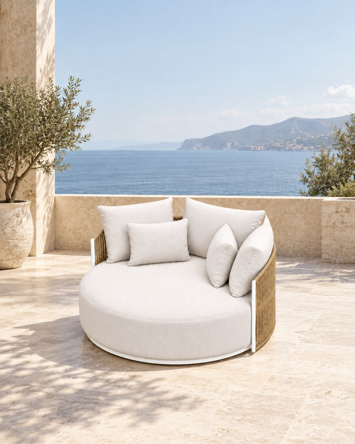 Ripple Sun Bed in Aluminium in a styled setting