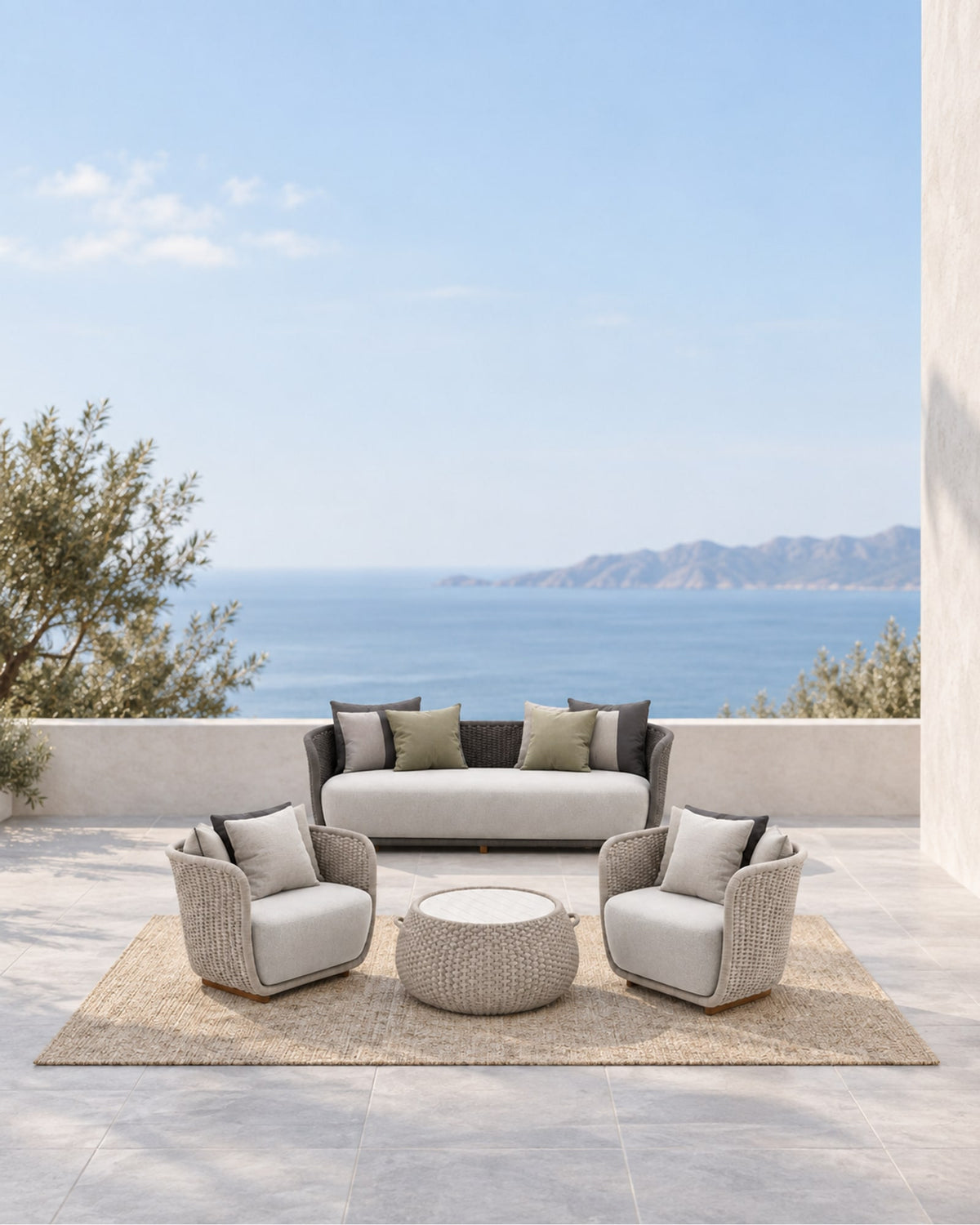 Santorini Outdoor Sofa Set in a styled setting