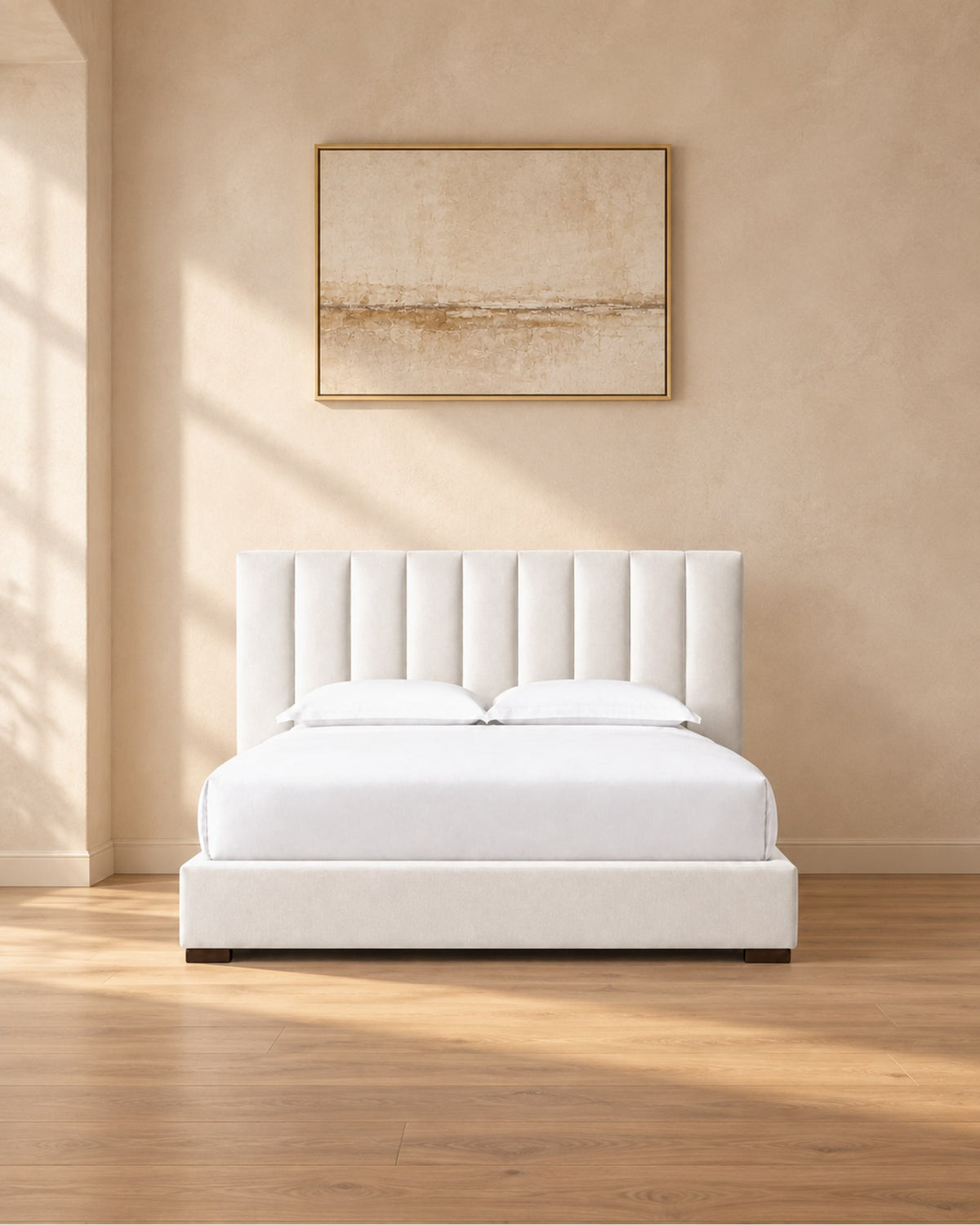 Modena Fabric Vertical Channel Panel Platform Bed in a styled setting