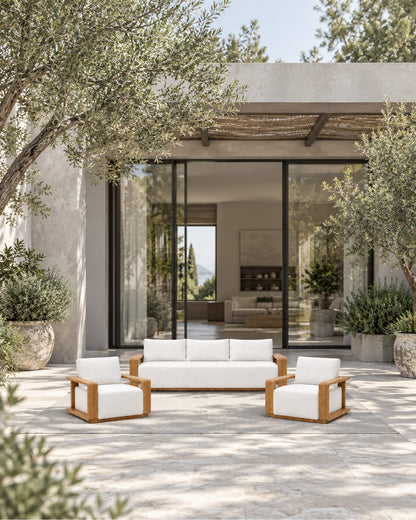 Grace Outdoor Sofa Set in Teak in a styled setting