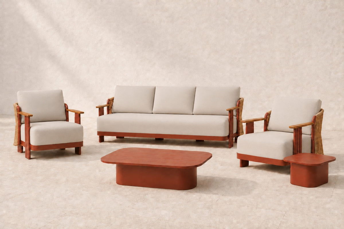Aria Outdoor Sofa Set in Aluminium, photographed in a quiet outdoor courtyard
