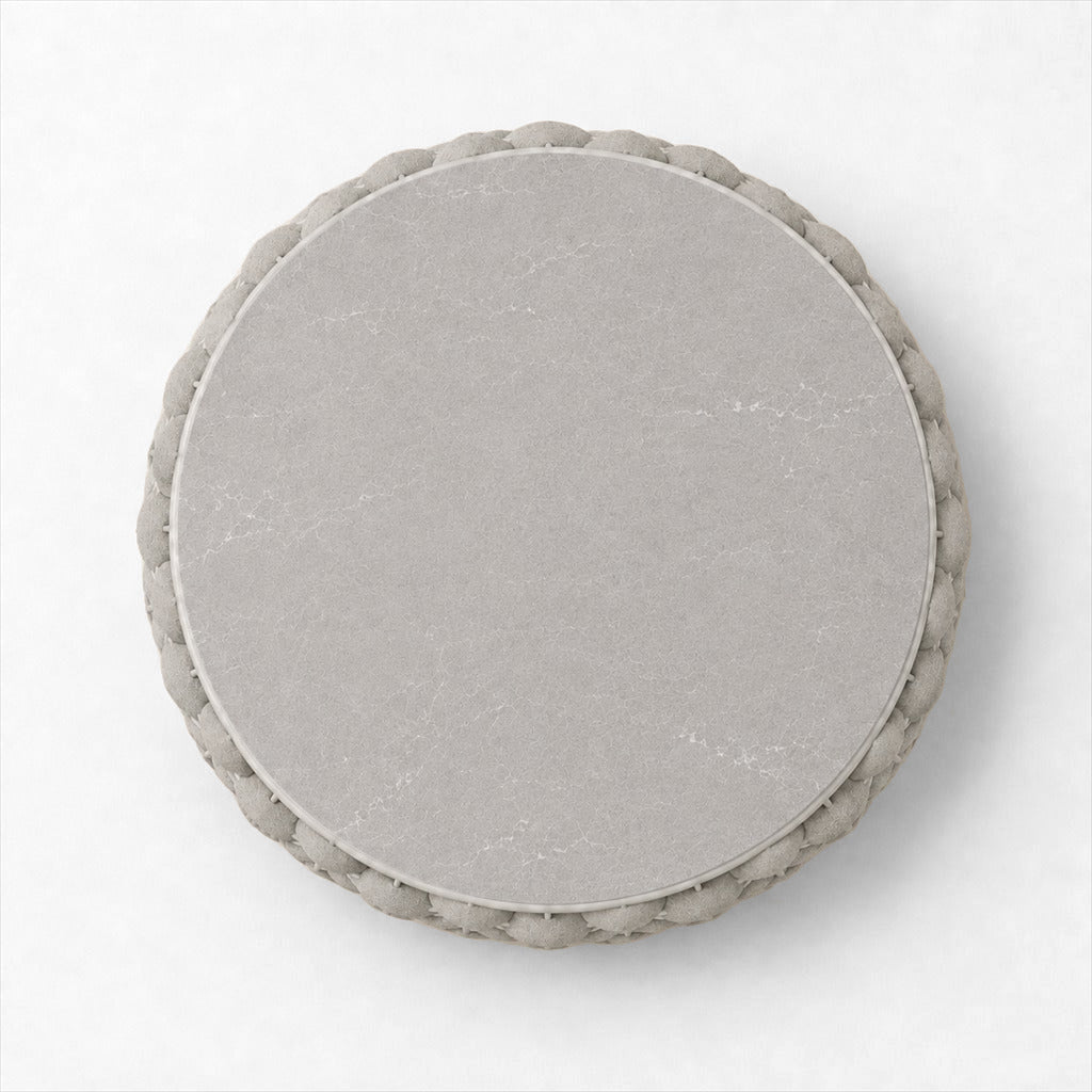 Cala round coffee table with grey hard top and chunky pale rope base, overhead view