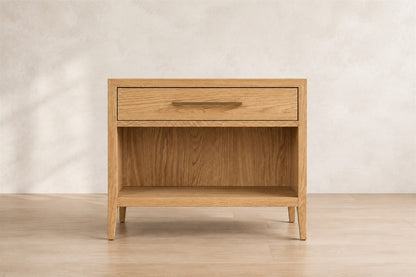 French Contemporary Open Nightstand, photographed in a quiet bedroom