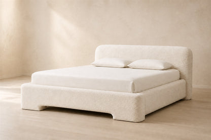 Lila Fabric Panel Bed, photographed in a quiet bedroom