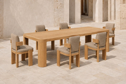 Serein Outdoor Dining Set in Teak, photographed in a quiet outdoor courtyard