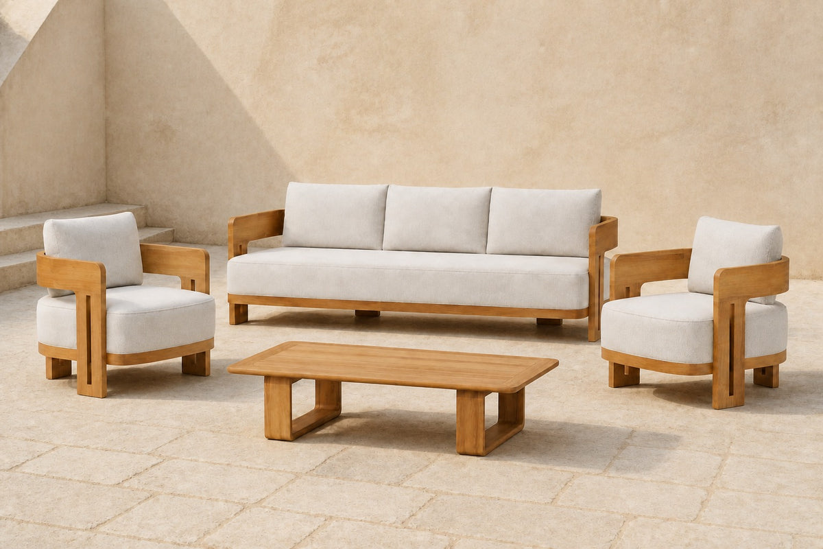 Serein Outdoor Sofa Set in Teak, photographed in a quiet outdoor courtyard