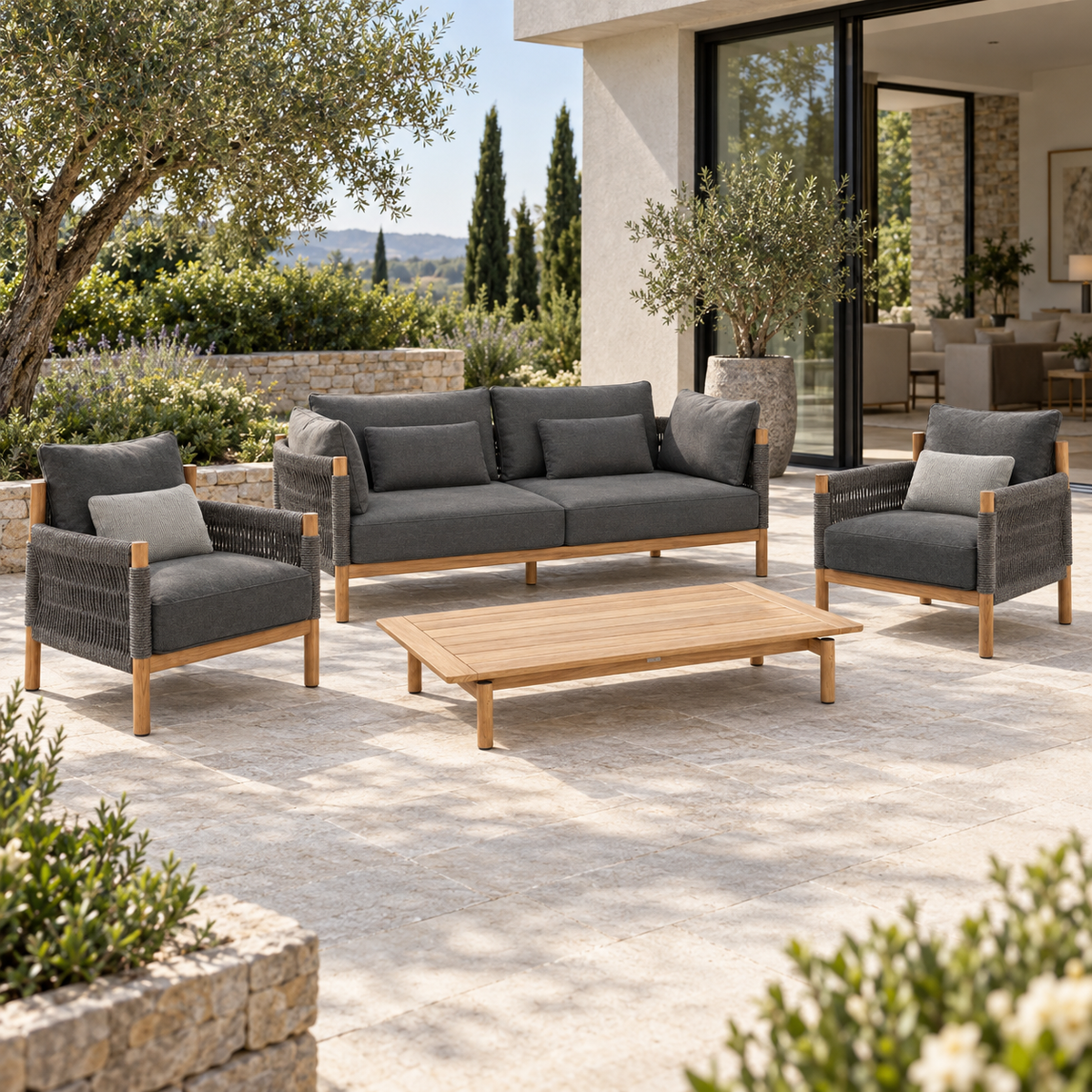 Lifestyle view: Ithaca Outdoor Sofa Set in a furnished home terrace