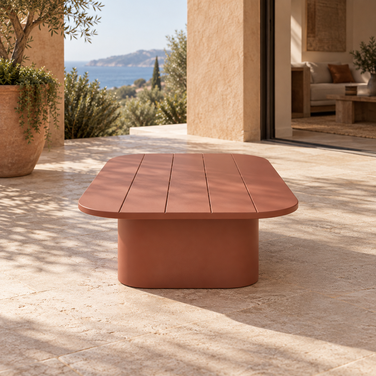 Lifestyle view: Aria aluminium coffee table, end view beside a furnished home