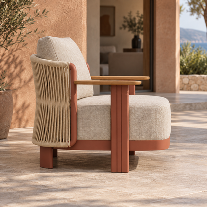 Lifestyle view: Aria aluminium lounge chair, side view beside a furnished home