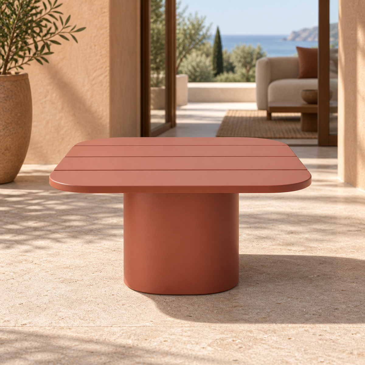 Lifestyle view: Aria aluminium side table, front view on a home terrace