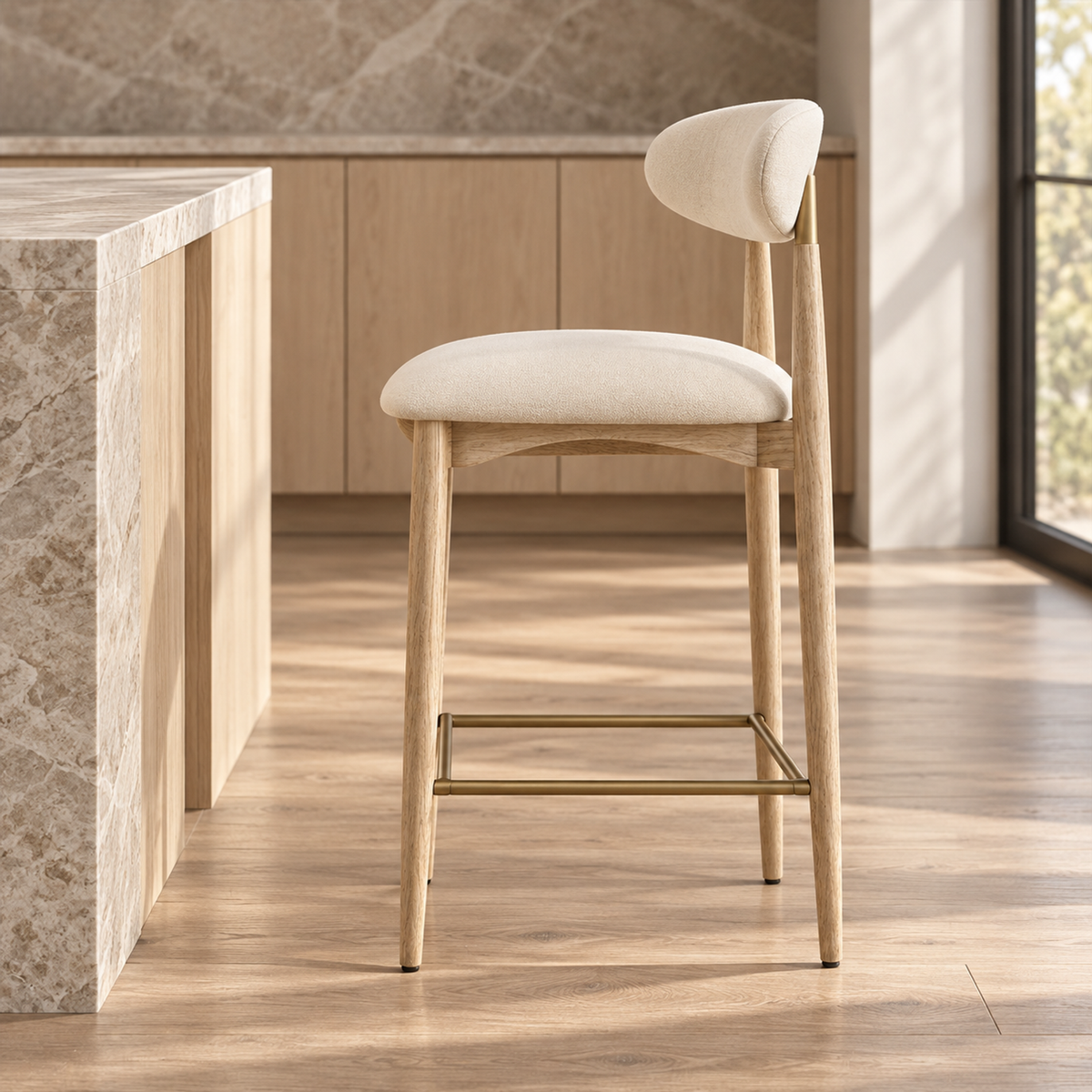 Lifestyle view: Arno Fabric Bar & Counter Stool, photographed in a quiet interior