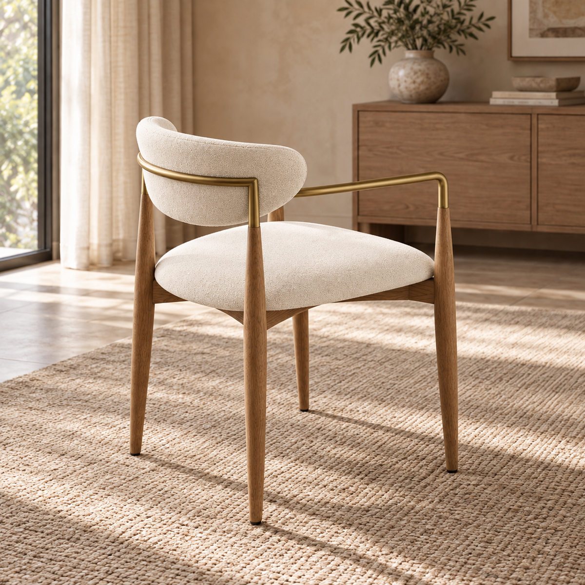 Lifestyle view: Arno Fabric Dining Armchair, photographed in a quiet dining room
