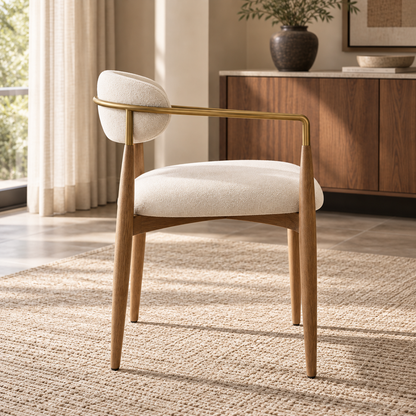 Lifestyle view: Arno Fabric Dining Armchair in a warmly lit furnished dining room