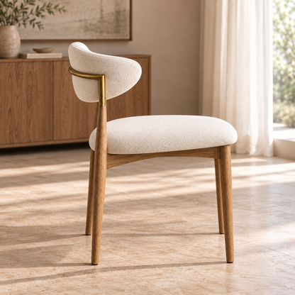Lifestyle view: Arno Fabric Dining Side Chair in a warmly lit furnished dining room